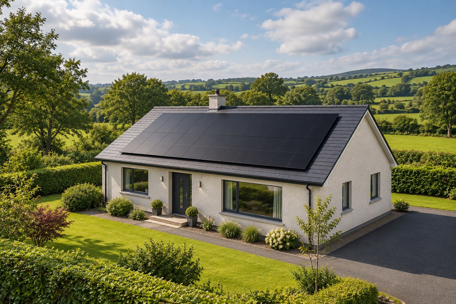 Illustration of modern black solar panels on a rural Irish-style bungalow